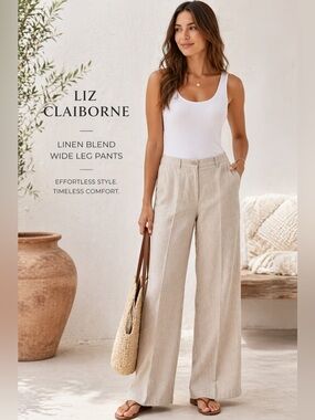 Liz Claiborne Linen Blend Wide Leg Pants Beige Neutral Summer Trousers Size 12